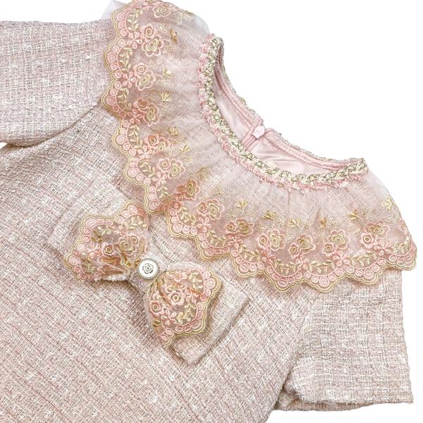 Pink Floral Lace Trim Tweed Dress