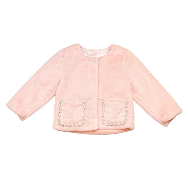 Embellished Trim Pink Fur Jacket