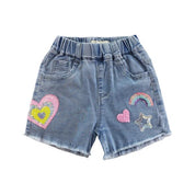 Sequin Heart & Rainbow Denim Shorts