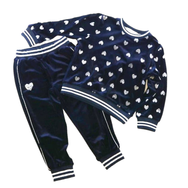 Sequin Heart Velvet Loungewear Set - Navy - doe a dear