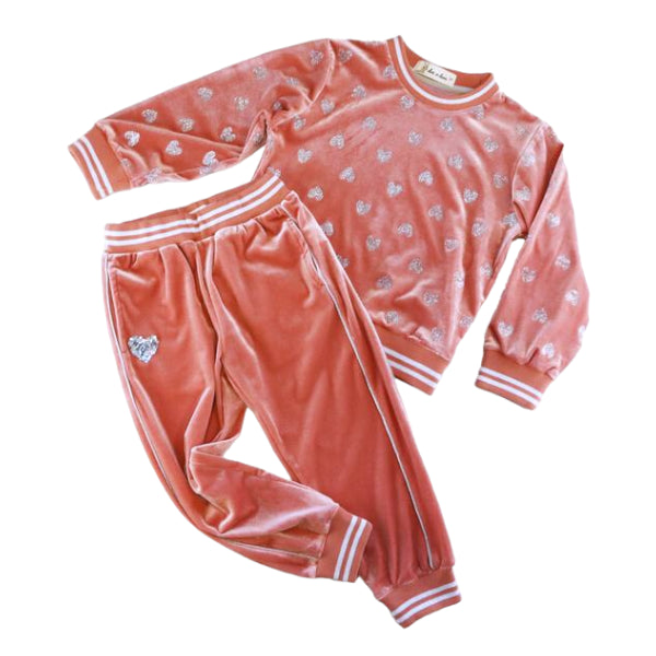 Sequin Heart Velvet Loungewear Set - Coral