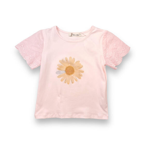 Rhinstone Floral Lace Sleeves Pink Tee - doe a dear