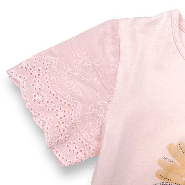 Rhinstone Floral Lace Sleeves Pink Tee - doe a dear