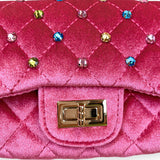 Fuchsia Colorful Studs Velvet Quilted Purse