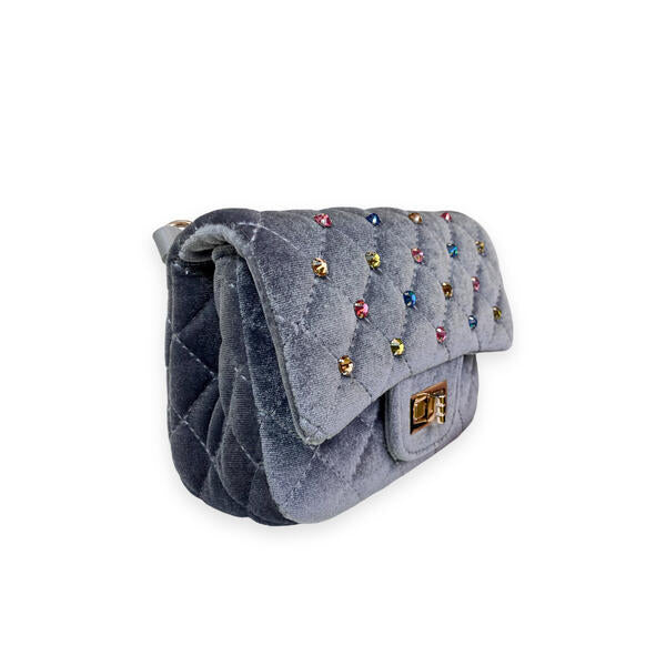 Grey Colorful Studs Velvet Quilted Purse