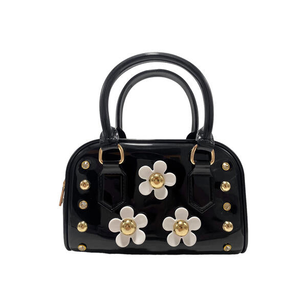 Floral Shiny Jelly Barrel Purse - Black