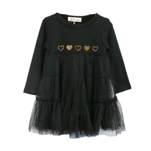 Rhinestone Heart Tiered Dress - Black