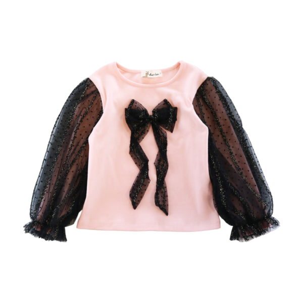 Contrast Mesh Bow & Slv Top - Pink - doe a dear