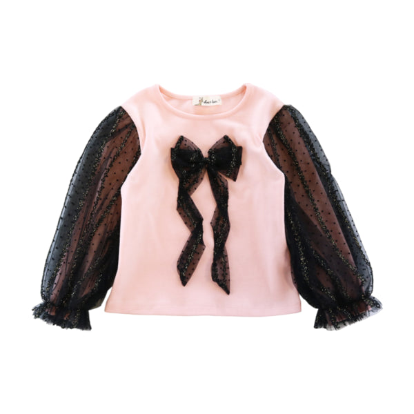 Contrast Mesh Bow & Slv Top - Pink