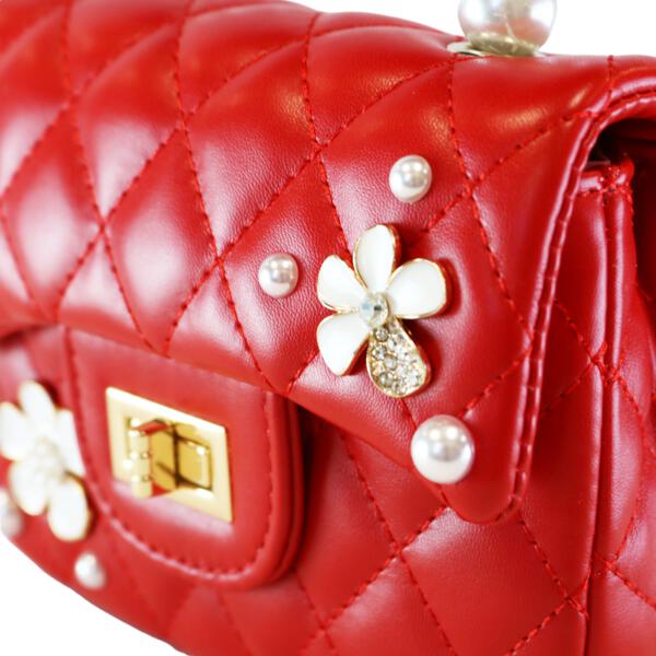 Pearl Handle Quilted Leather Purse w/ Charms - Red - doe a dear