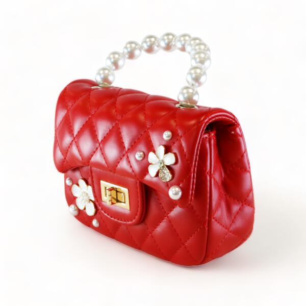 Pearl Handle Quilted Leather Purse w/ Charms - Red