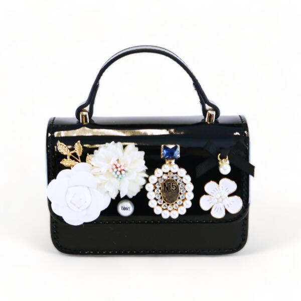 Floral & Charms Patent Leather Purse - Black - doe a dear