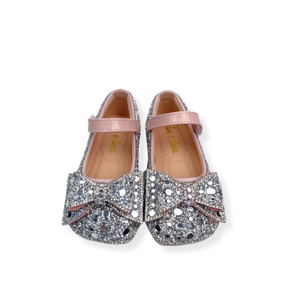 Silver Embellished Bowtie Flat Shoes in Pink
