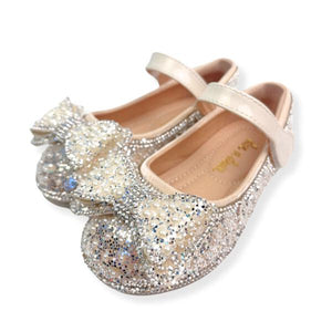 Bowtie Glitter Stud Heel Shoes - Beige