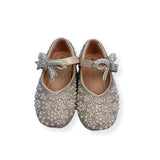 Beige Bowtie Strap Jewel Flat Shoes