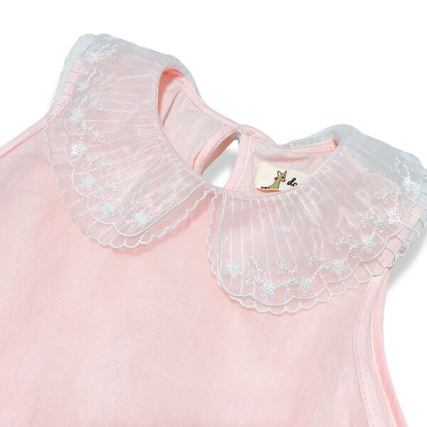 Pink Round Collar Embroidery Mesh Dress - doe a dear