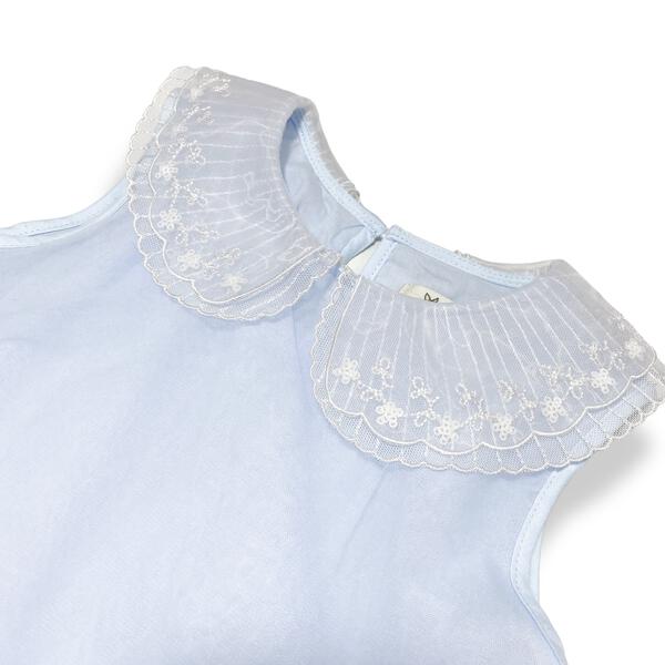 Blue Round Collar Embroidery Mesh Dress