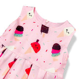 Pink Color Ice Cream Print Pleated Dress