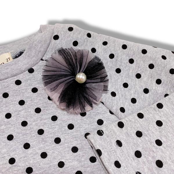 Polka Dots Jersey Top w/ Pinwheel Applique - Grey - doe a dear