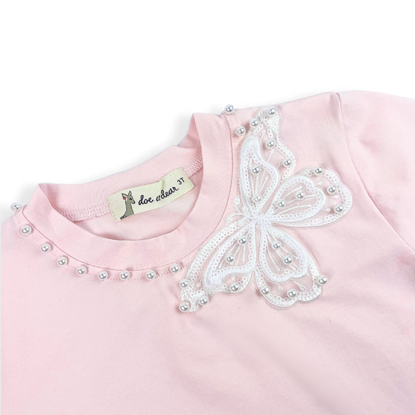 Pearl Stud Butterfly Motif Tee -pink