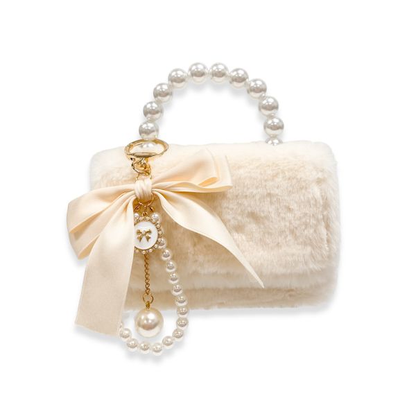 Furry Purse with Bow&Pearl Charm - Beige