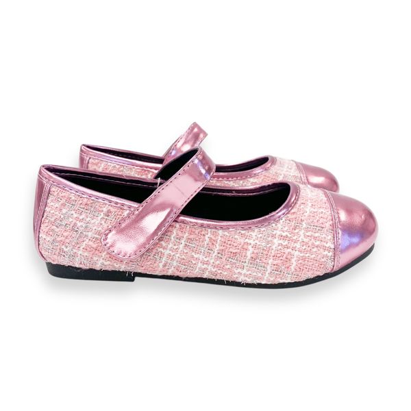 Metallic Toe Tweed Flat Shoes - Pink