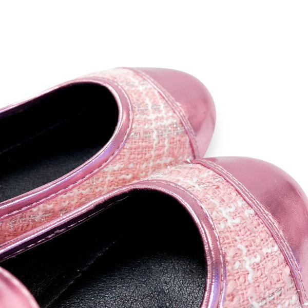 Metallic Toe Tweed Flat Shoes - Pink