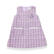 Floral Brooch Pearl Trim Sleeveless Tweed Dress - doe a dear