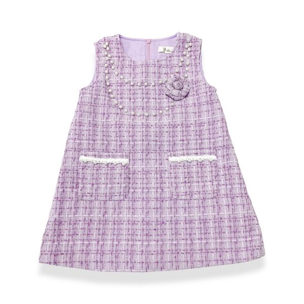 Floral Brooch Pearl Trim Sleeveless Tweed Dress - doe a dear