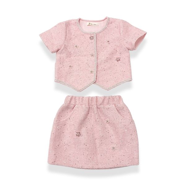 Floral Embellish Short Slv Tweed Jacket - Pink - doe a dear