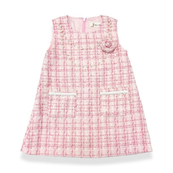 Floral Brooch Pearl Trim Sleeveless Tweed Dress - doe a dear