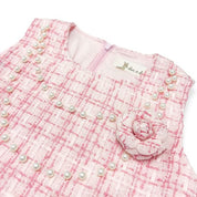 Floral Brooch Pearl Trim Sleeveless Tweed Dress - doe a dear