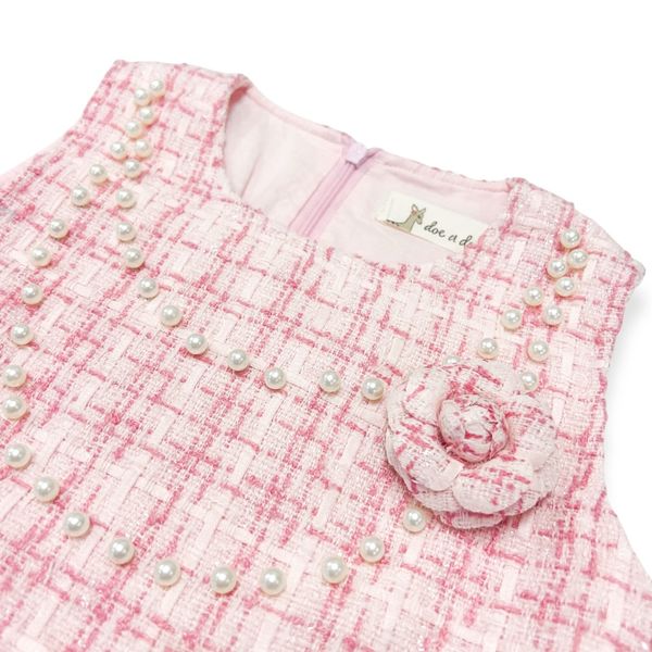 Floral Brooch Pearl Trim Sleeveless Tweed Dress - doe a dear