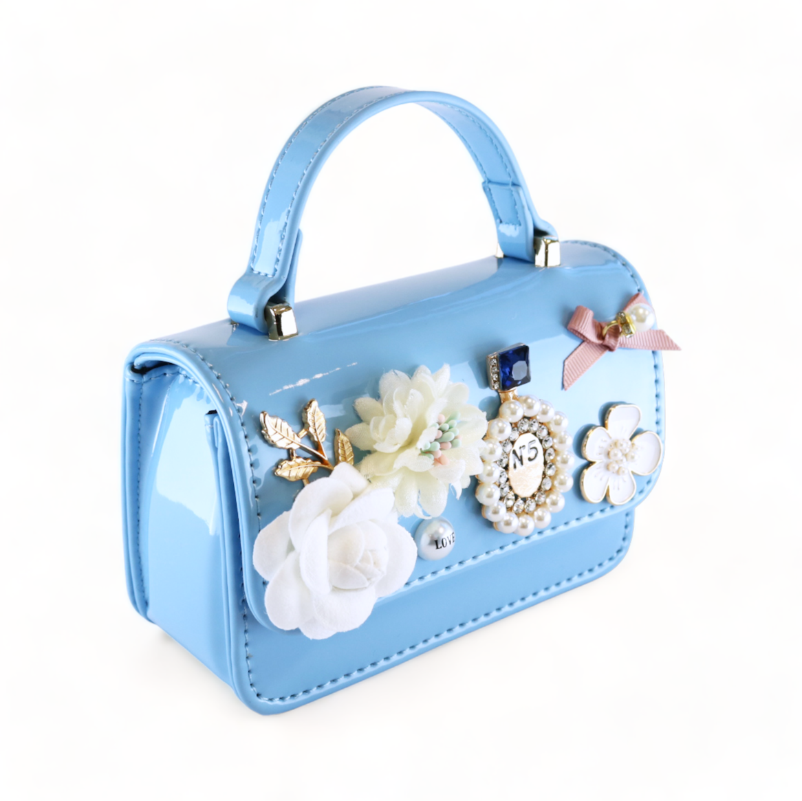 Floral & Charms Patent Leather Purse - Blue - doe a dear