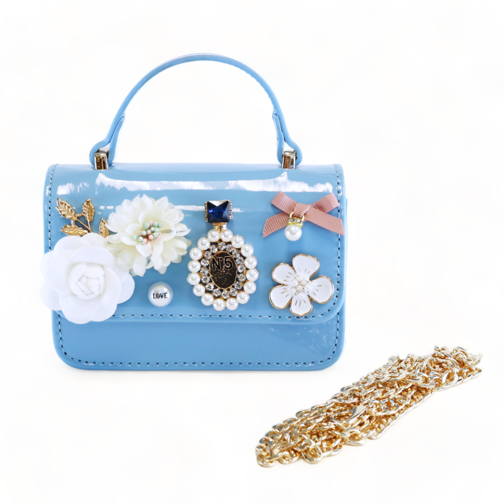 Floral & Charms Patent Leather Purse - Blue - doe a dear