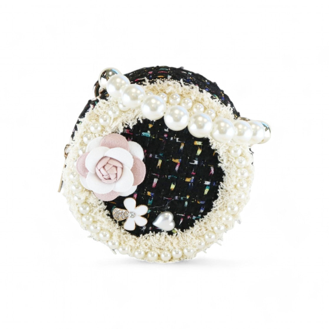 Pearl Trim Round Tweed Purse - Black - doe a dear