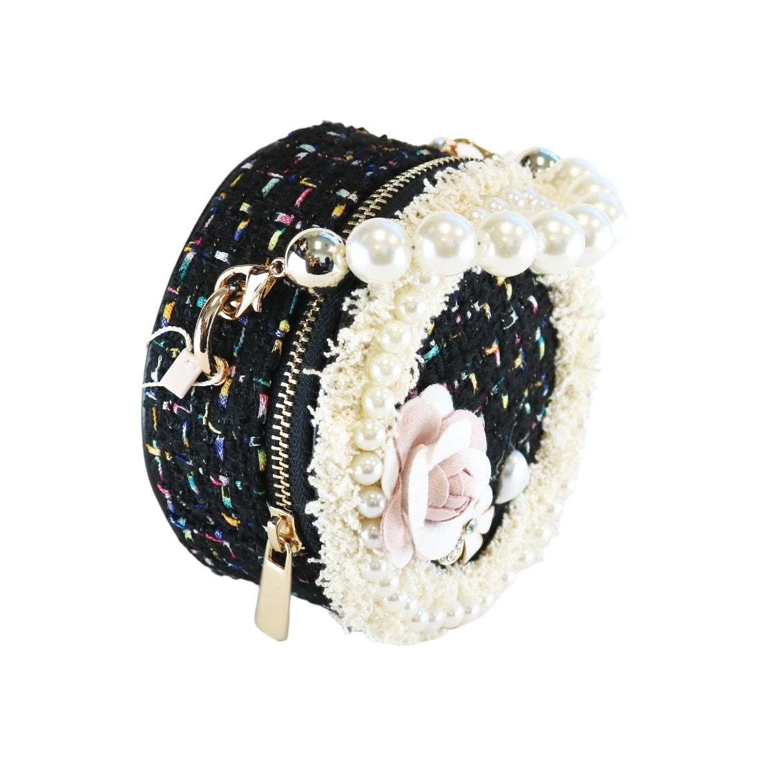 Pearl Trim Round Tweed Purse - Black - doe a dear