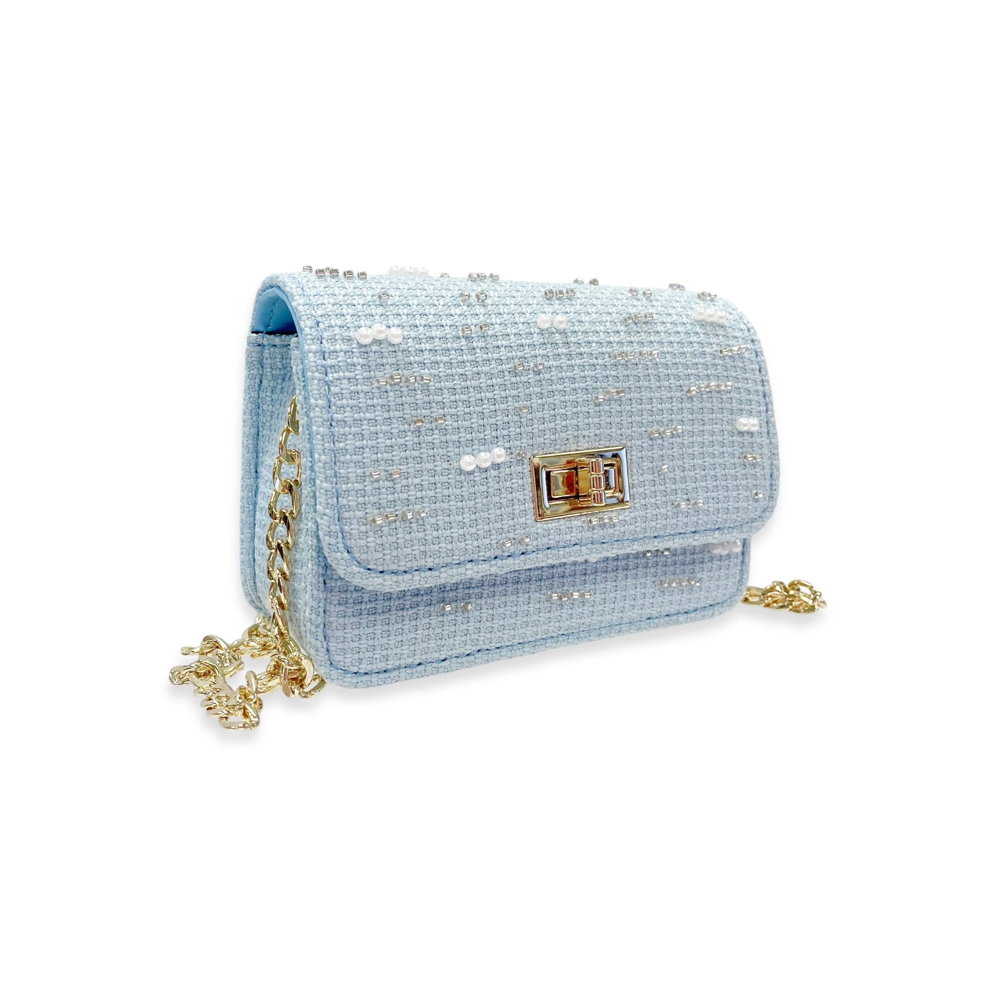 Pearls & Beads Tweed Purse -blue