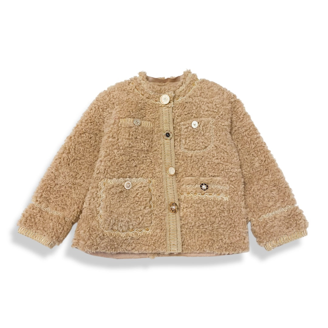 Novelty Buttons Boucle Coat - Camel