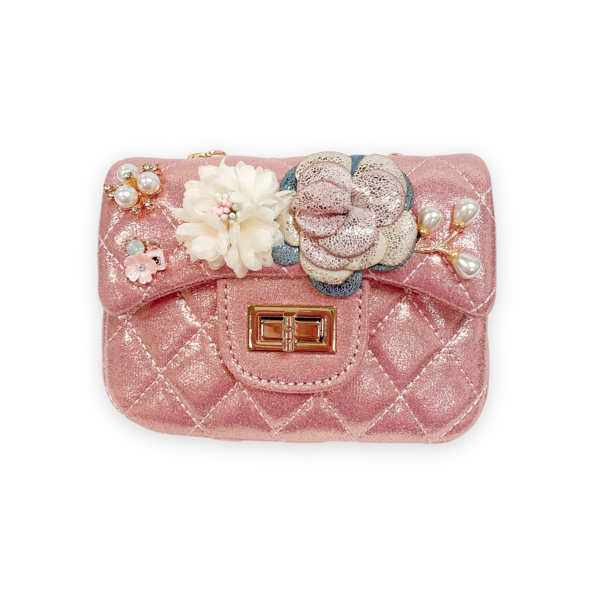 Floral Shiny Quilted Purse - Bubblegum