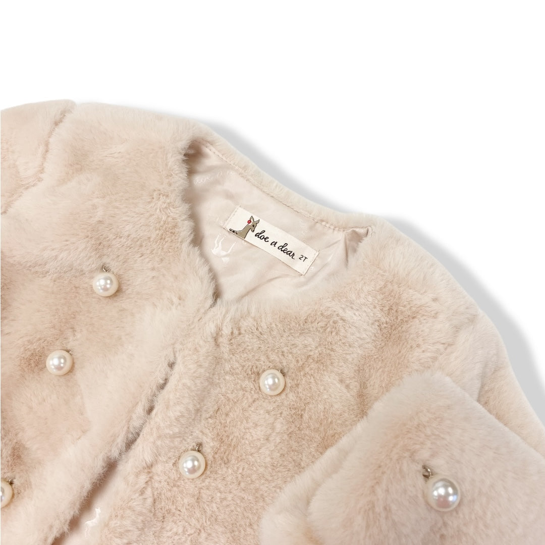 Pearl Stud Beige Fur Coat