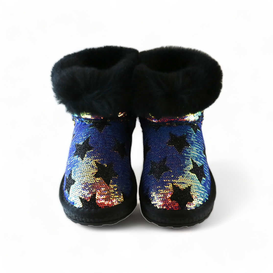 Handcrafted Sequin Star Furry Boot - Black - doe a dear