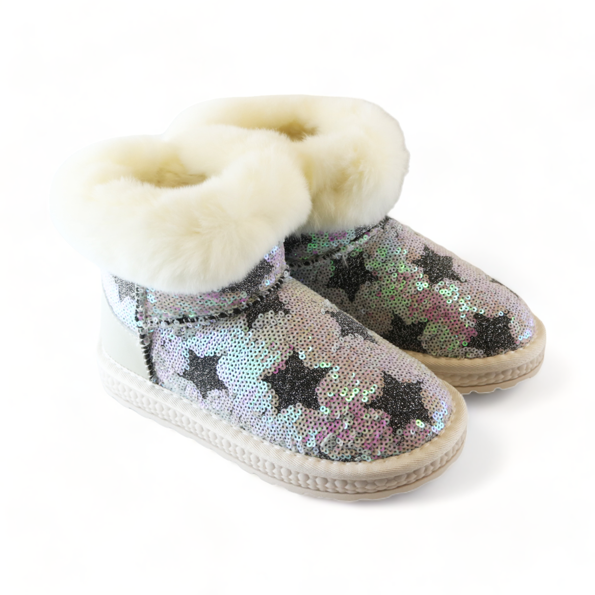 Handcrafted Sequin Star Furry Boot - Ivory - doe a dear