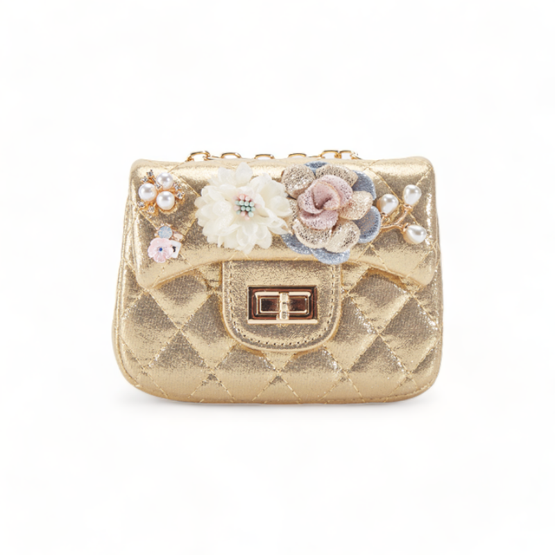 Floral Shiny Quilted Purse - Gold - doe a dear