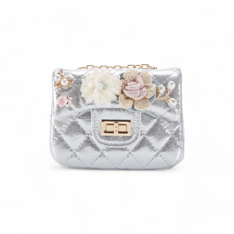 Floral Shiny Quilted Purse - Silver - doe a dear