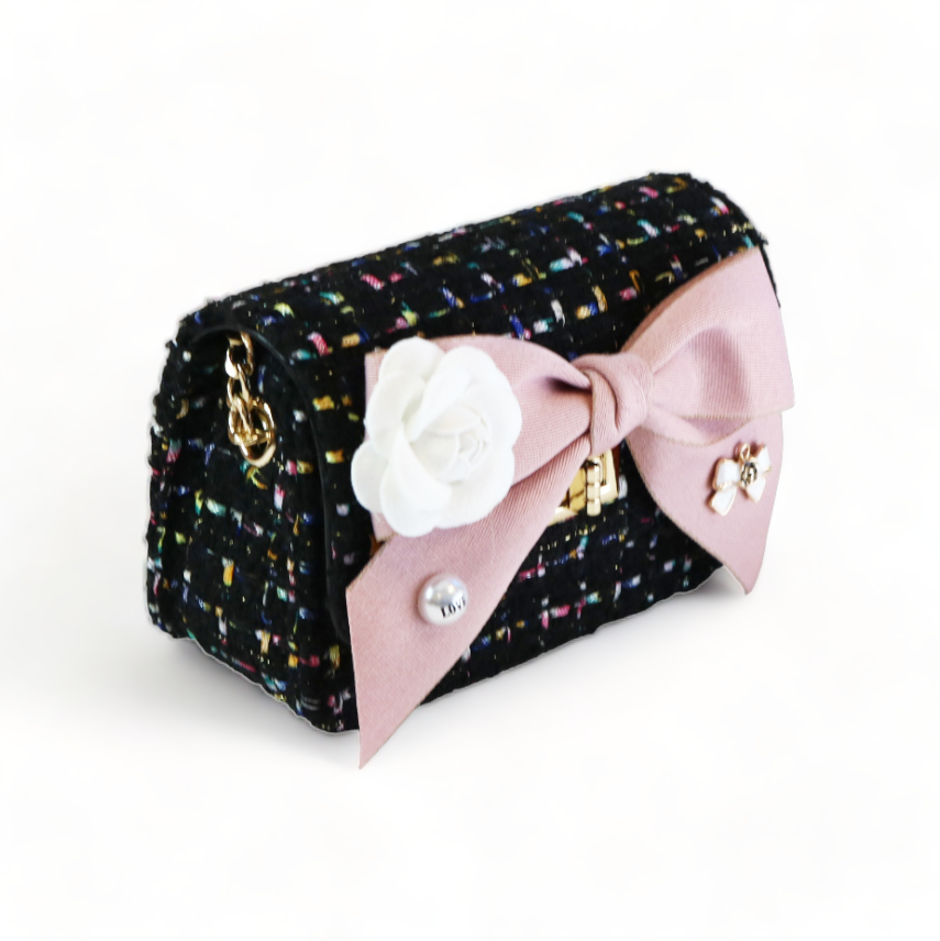 Floral Bow Tweed Purse - Black - doe a dear