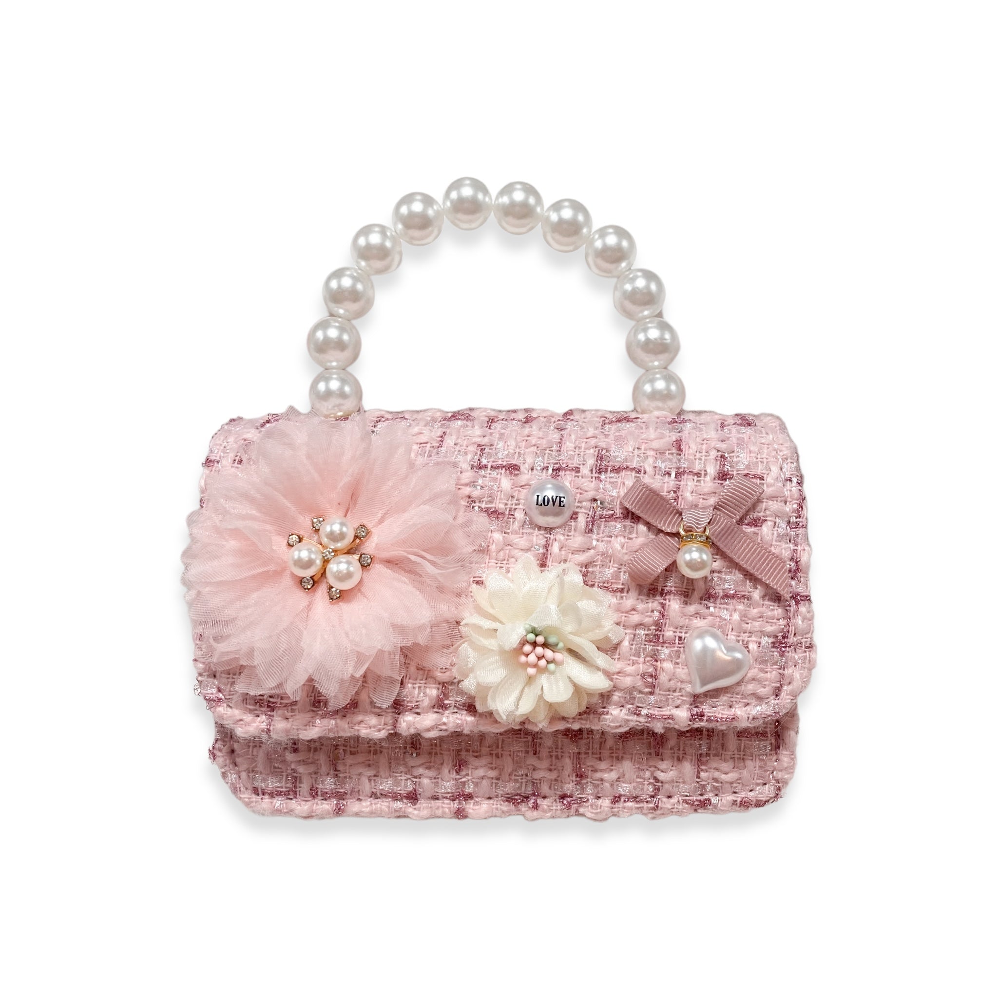 Floral Appliques Tweed Purse - Pink - doe a dear