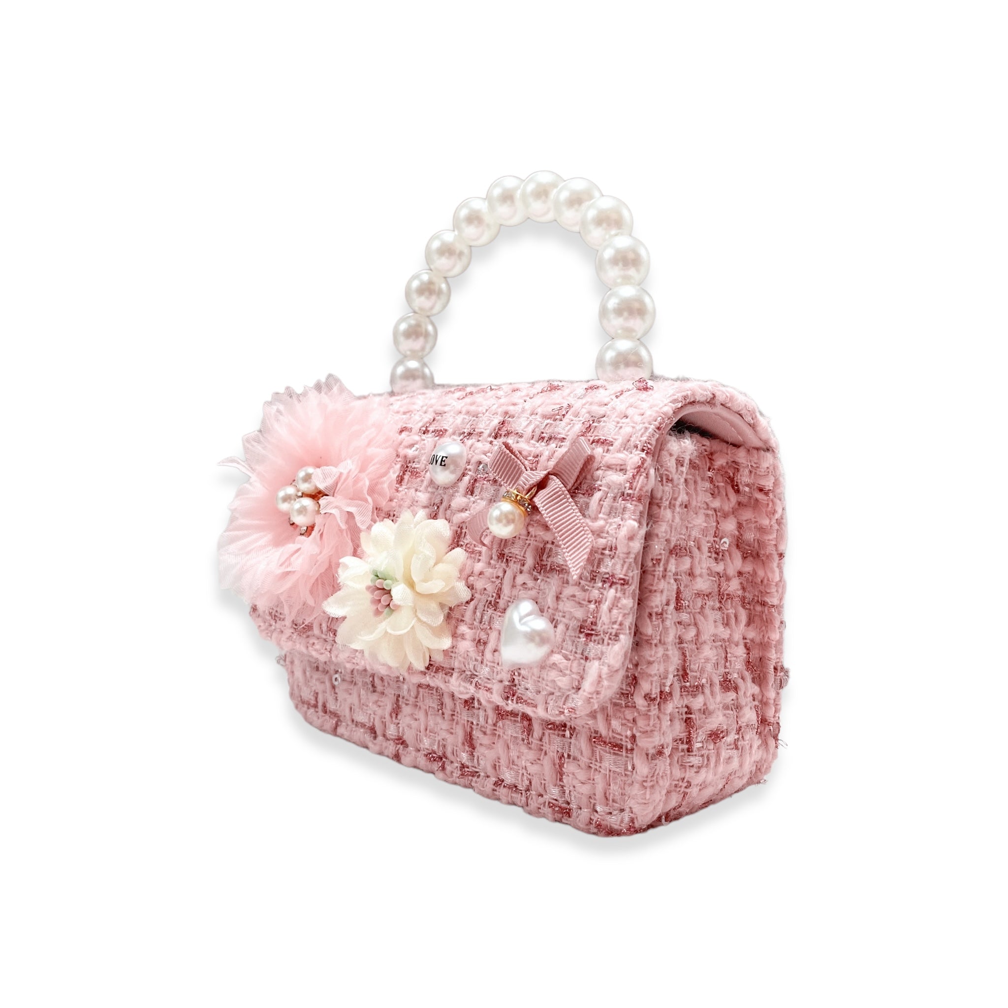 Floral Appliques Tweed Purse - Pink - doe a dear