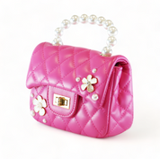 Pearl Handle Quilted Leather Purse w/ Charms - Fuchsia