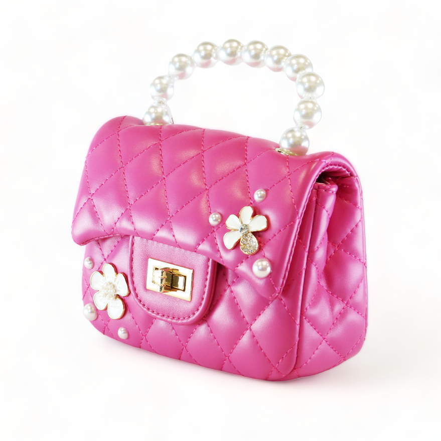 Pearl Handle Quilted Leather Purse w/ Charms - Fuchsia